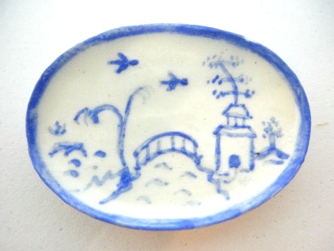 Blue and White Oriental Ceramic oval plate - birds with border