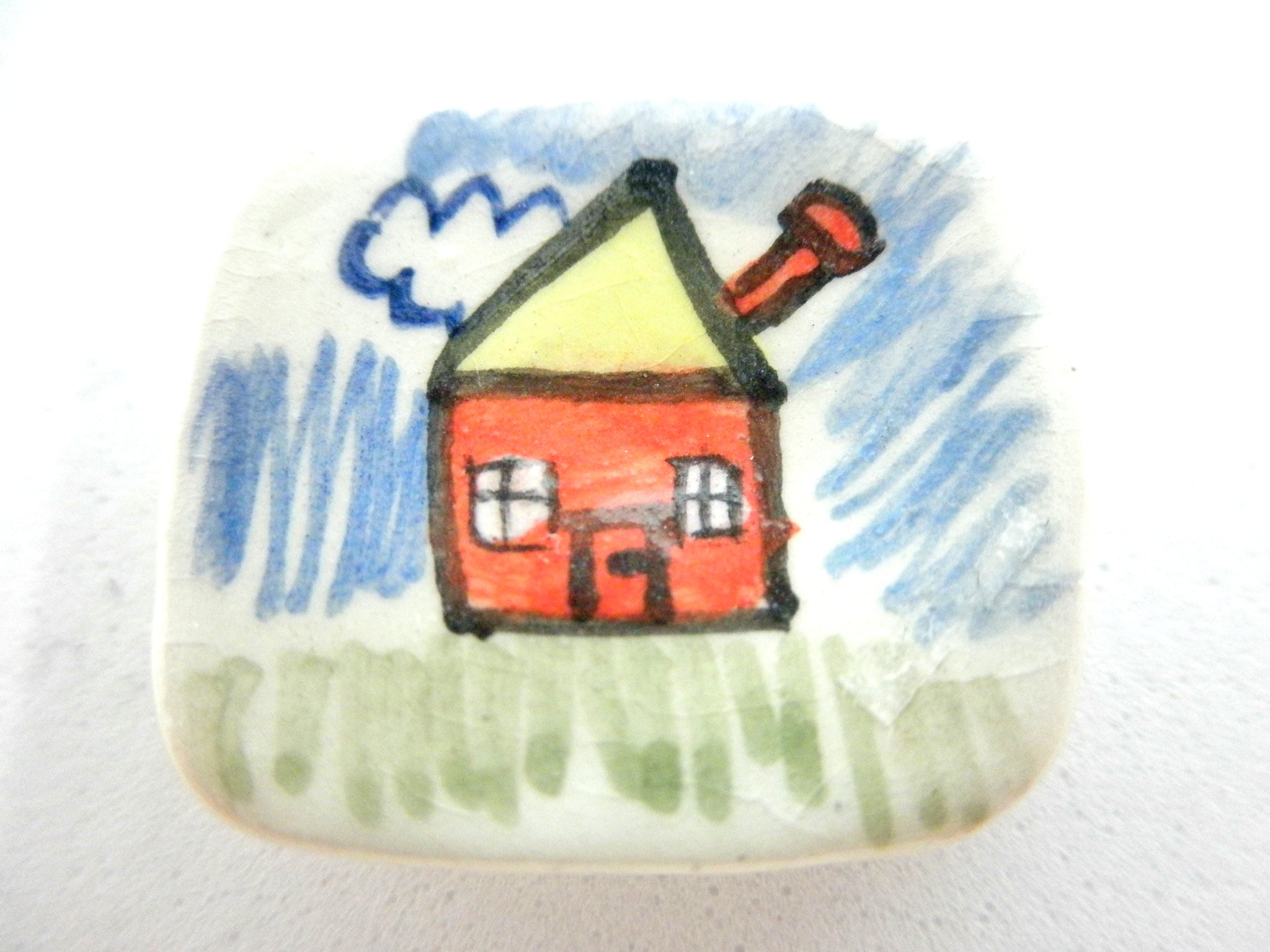 Miniature ceramic plate child's drawing of a house