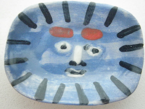 Miniature Picasso inspired ceramic plate -  blue face